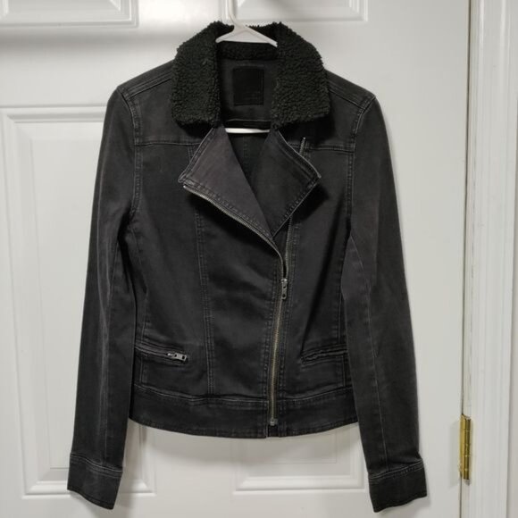 Articles Of Society Moto Jacket Black Denim Faux Fur Collar Zippered Pockets M - Picture 4 of 11